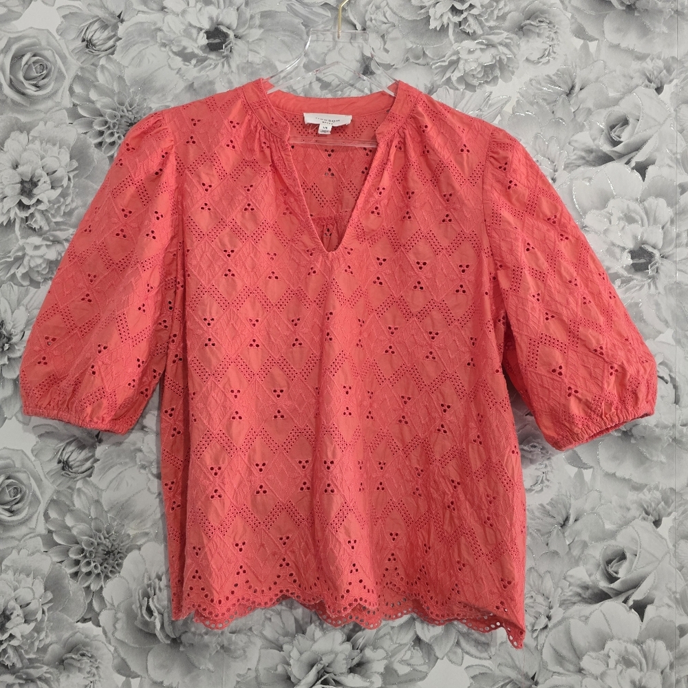 HUDSON NORTH | Eyelet Puff Sleeve Flowy Cotton Blouse | Size L | Dark Coral